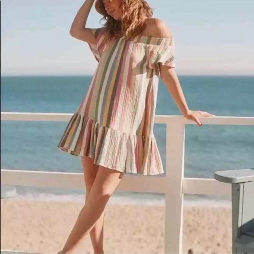 Marine Layer Shirley Off-Shoulder Ruffle Hem Dress in Pastel Stripes, NWT S